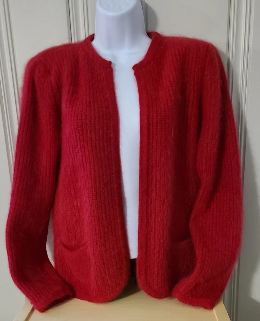 VTG Sz L Angora Sweater Cardigan Blended Fluffy Fuzzy Secretary Geek Berry  EUC