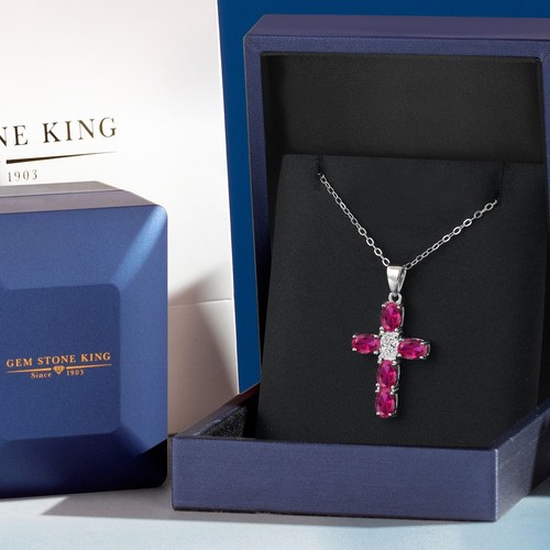 925 Sterling Silver Created Ruby and Lab Grown Diamond Cross Pendant Necklace - Picture 5 of 6
