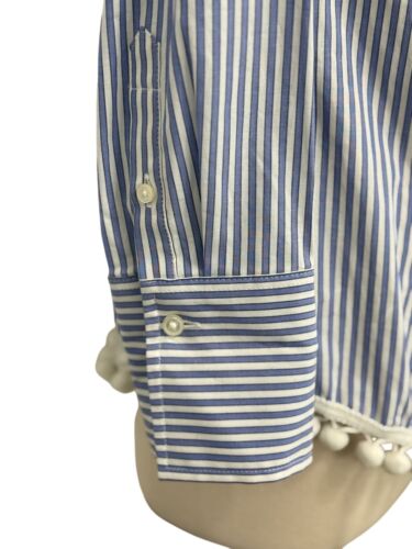 Kate McHale Jensen Striped Off Shoulder Shirt Pom-Pom Trim Blue White Size XS - Picture 4 of 7