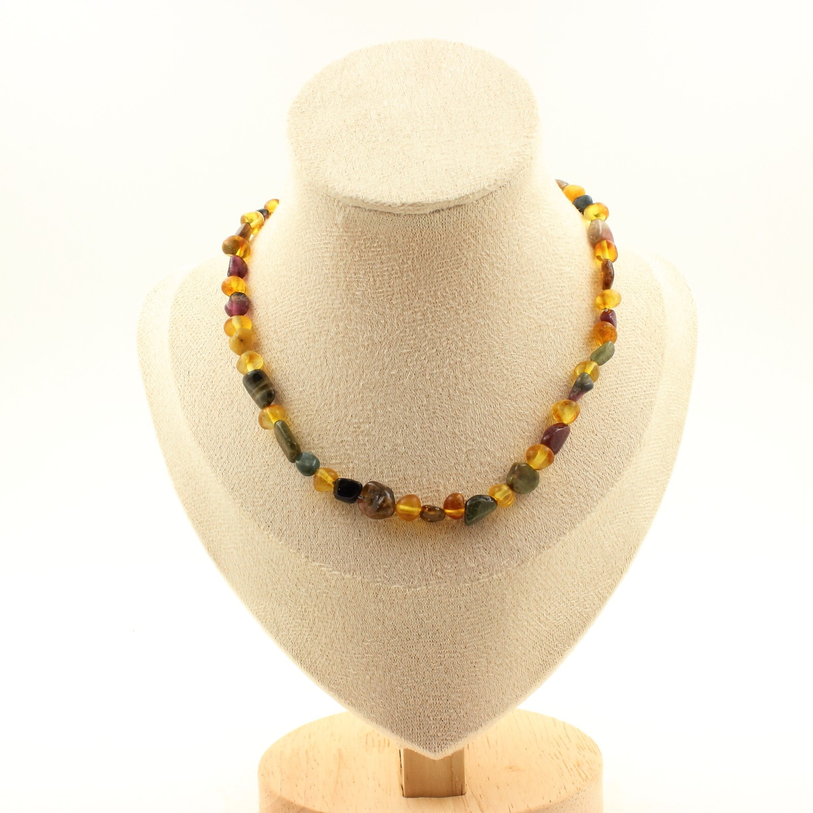 Collier Perles Ambre Baltique et Tourmaline Multicolore - Bijou Femme Pierres Naturelles