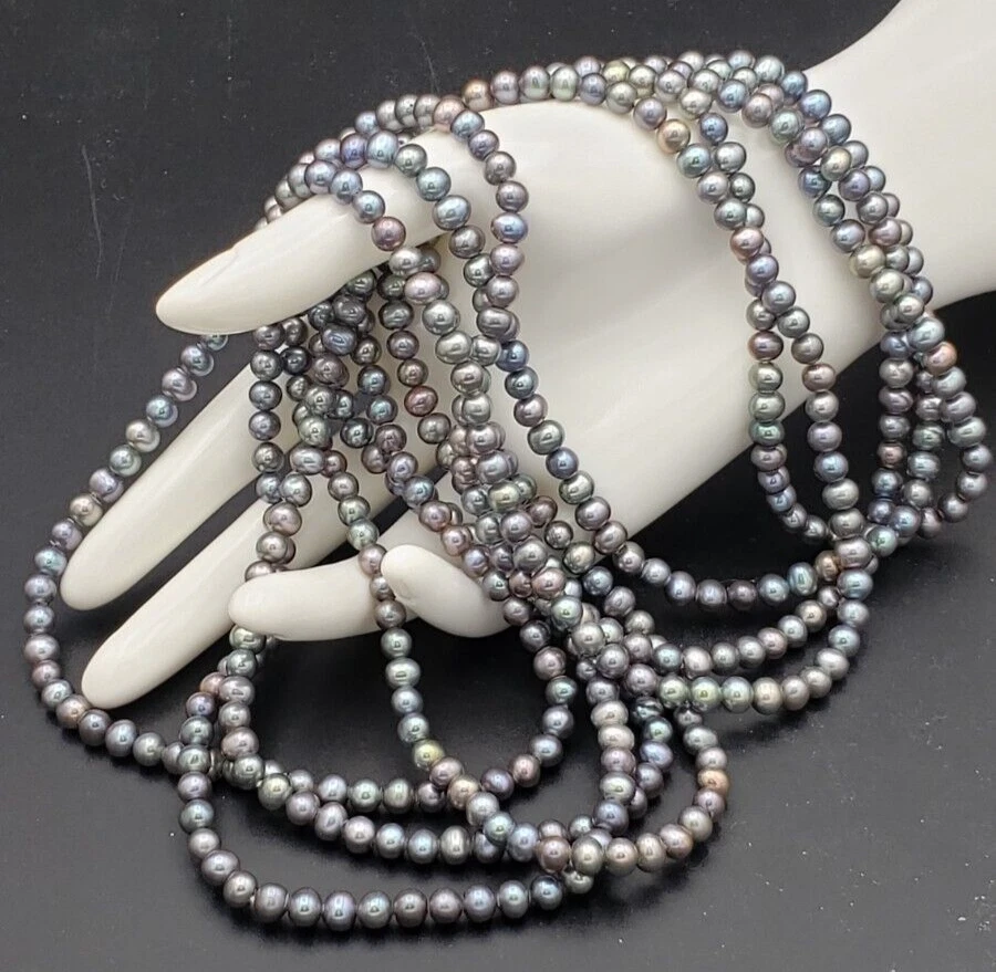 Collar de ópera interminable súper largo vintage de perlas plateadas pavo real 5-6 mm 100 pulgadas Foto 2 de 4