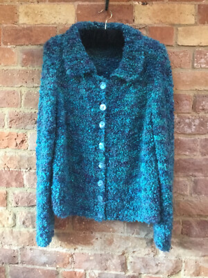 Handgestrickte handgefärbte Mohair blaue Boucle Garn Strickjacke von MoBair Größe M-L
