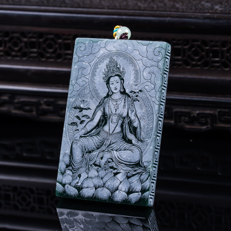 Certified A-grade natural jadeite Tara Guanyin blue water carved pendant
