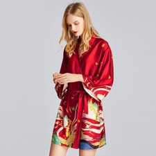 Lady Bathrobe Silk Satin Robe Kimono Yukata Outwear Sleepwear Coat Crane Print