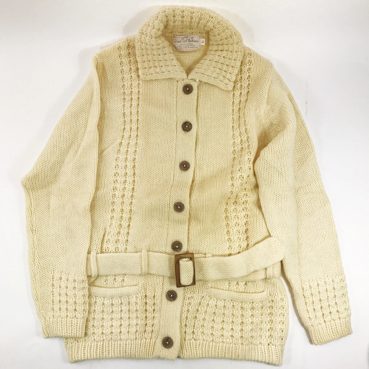 Vintage 60s 70s Hand Loomed Wool Sweater Size Large L Beige Yellow