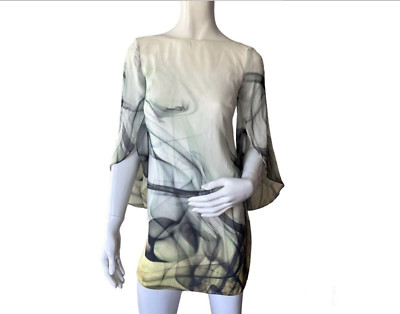 Milly Dress Sz 4 Smoke Print Silk Knee Length Flutter Sleeve Watercolor Art