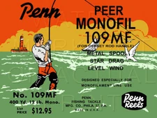 Vintage Penn Monofil #109MF Fishing Reel Box Label Recreated on Satin Canvas
