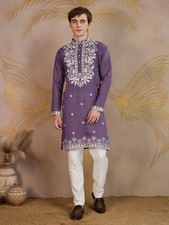 Elegant Violet Floral Embroidery Kurta Set For Men