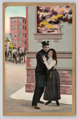 Postcard Fire Rescue ''Rewarding the Rescuer'' Woman Embracing Man Firefighting
