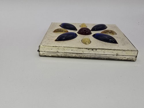 Vintage Pilcher Powder Compact Silver Jeweltone Cabachon Accents with Puff - Picture 4 of 12