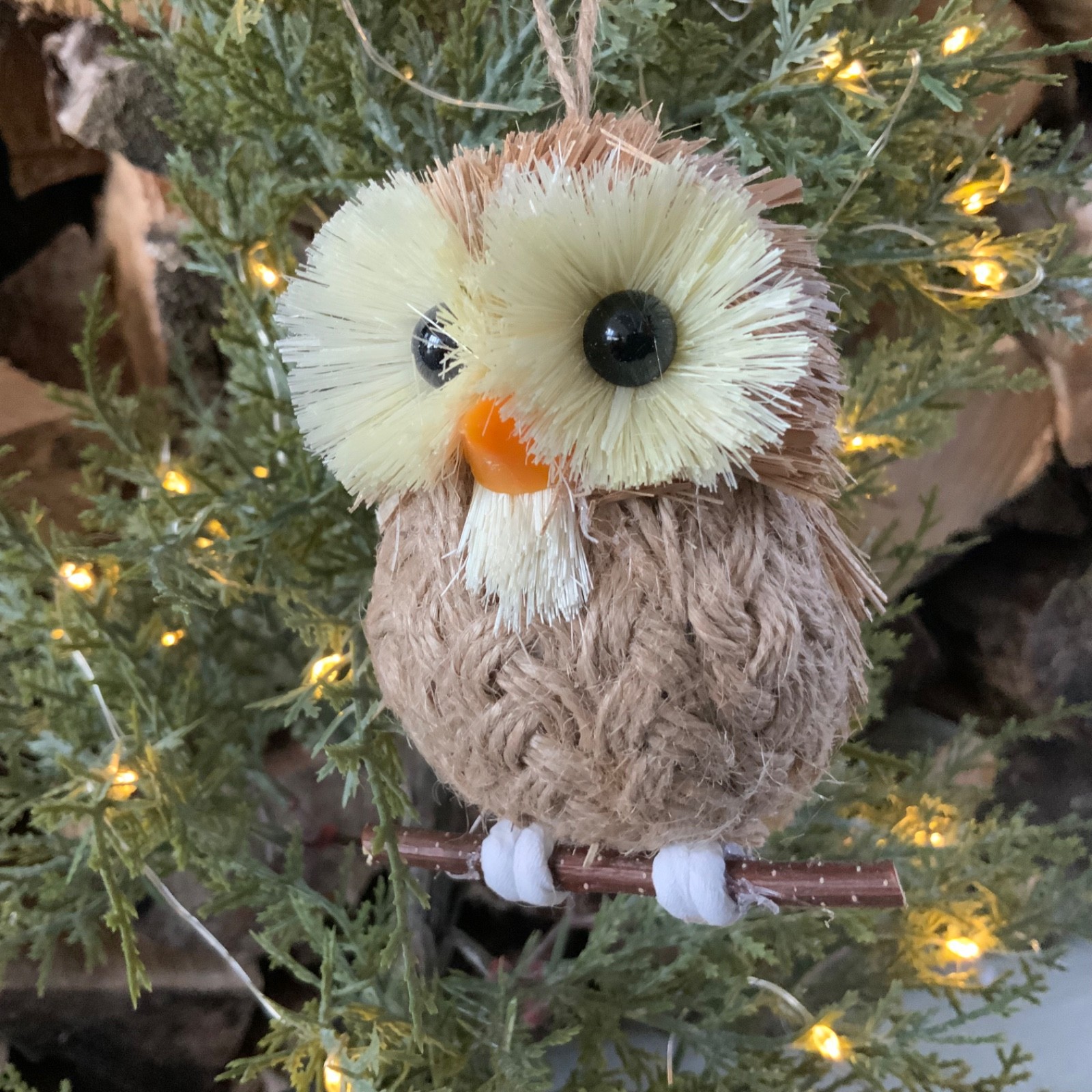 Bristle snd Jute Owl Hanging Christmas Decoration Sitting on Twig Gisela Graham