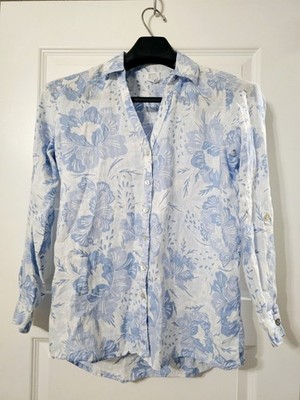 Sigrid Olsen Blue Floral Linen Tunic Button Up Shirt Size S