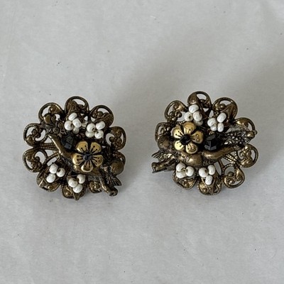 Miriam Haskell Style Earrings Cupid Vintage Baroque Filigree Wired faux Pearl