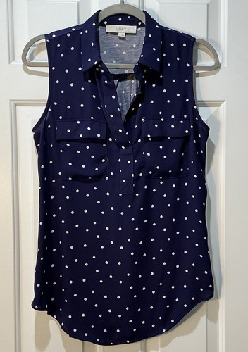 LOFT Polka Dot Sleeveless Top Navy Blue White Rayon Collar Pockets Women’s Small