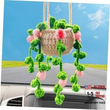 Handmade Crochet Potted Plants Rear View Mirror Accessories, Safe Car Pink a