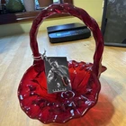 Handpainted Ruby Red Glass 1970's Fenton Basket Ruffled Edge Signed by Artist