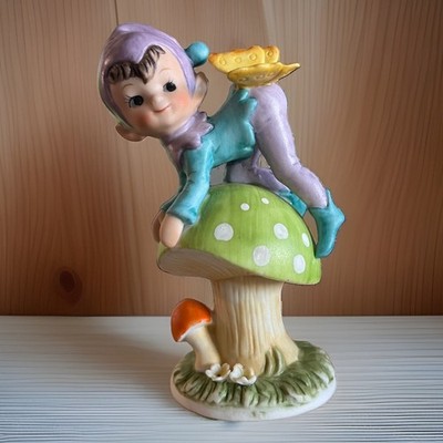 Napco Rare Vintage Pixie Elf  On Mushroom Butterfly Porcelain 4.5 in Figurine