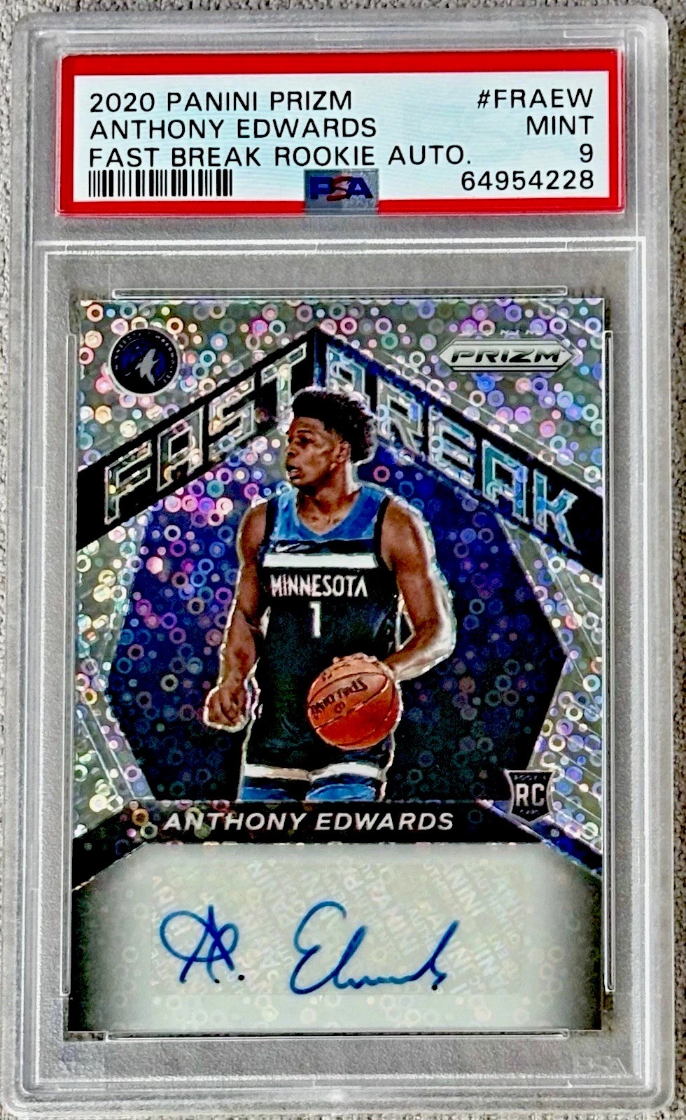 2020 Panini Prizm Fast Break Rookie Auto #FRAEW Anthony Edwards RC PSA 9 Mint