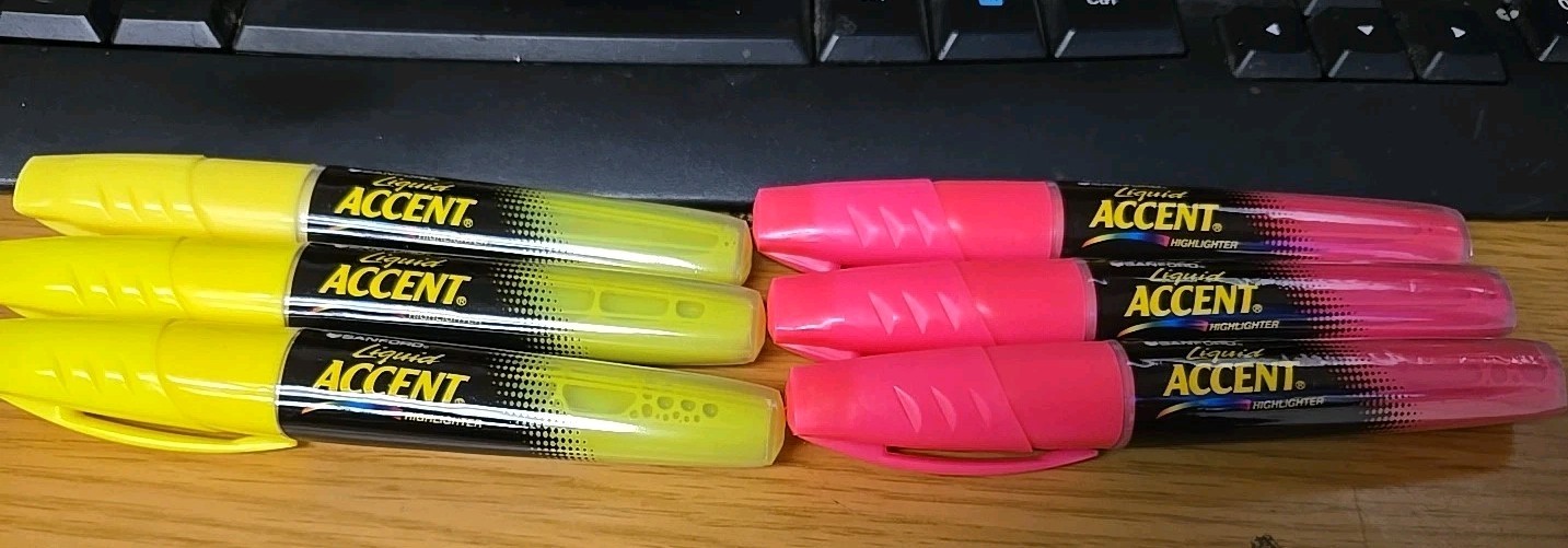 6 New Sanford Liquid Accent Highlighters 3 Yellow/3 Pink Chisel Tip Vibrant Ink