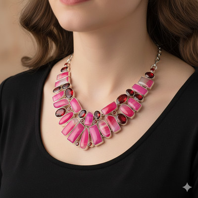 Natural Pink Lace Agate, Garnet Gemstone 925 Sterling Silver Necklace A824