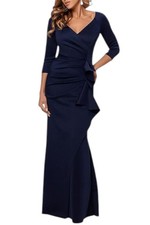 Xscape Women's Long 3/4 Sleeve Side Ruched Gown Navy
