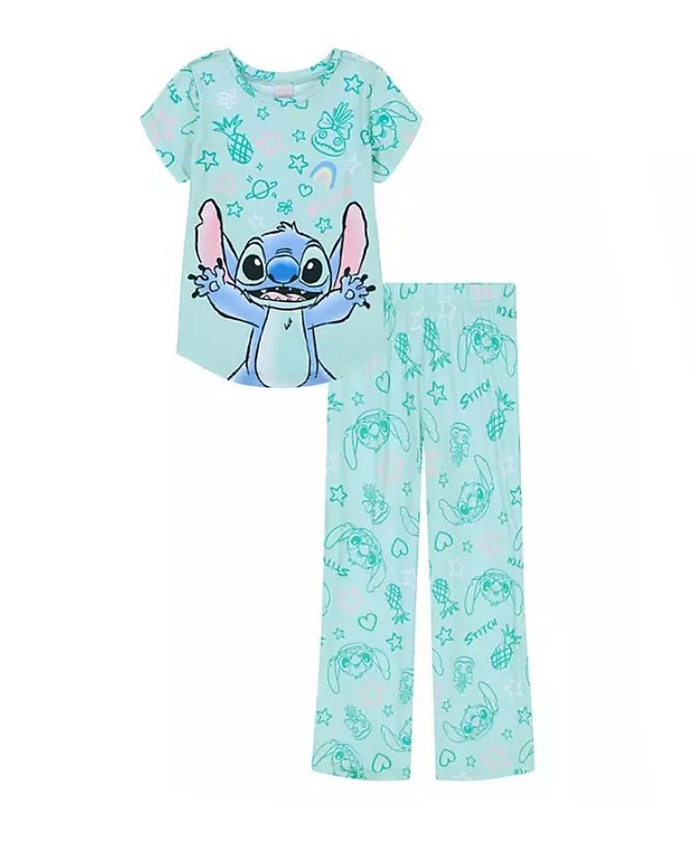 Girl's Stitch Alien and Motif Print Blue Character Short-Sleeved Pajama Set
