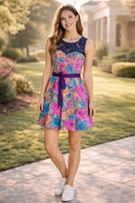 TATYANA Women's Floral Fit Flare Dress MEDIUM Lace Top Sleeveless Knee Lenght