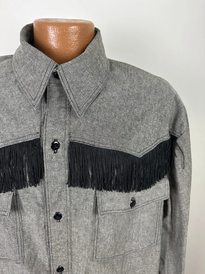 Винтажная мужская рубашка вестерн XL сужающаяся бахрома ручной работы шамбре на пуговицах черная - Изображение 2 из 4