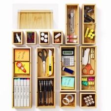 12-Piece Bamboo Desk Drawer Organizer Tray   Adjustable Storage Boxes with 24...