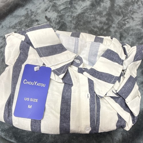 ChouYatou Women's Blue/White Striped Collared Button-Front Shirt Dress M