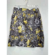 Talbots Muted Gray Yellow Floral Cotton Sateen Skirt SZ 8 Casual