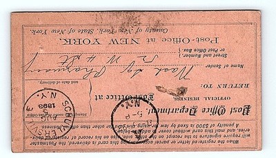 1893 Post Office Department Registry Return Receipt Postcard New York NY Parcel