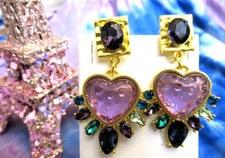 Gripoix Style European Earrings Lavender Heart w/Gemstones Dangle Statement NEW