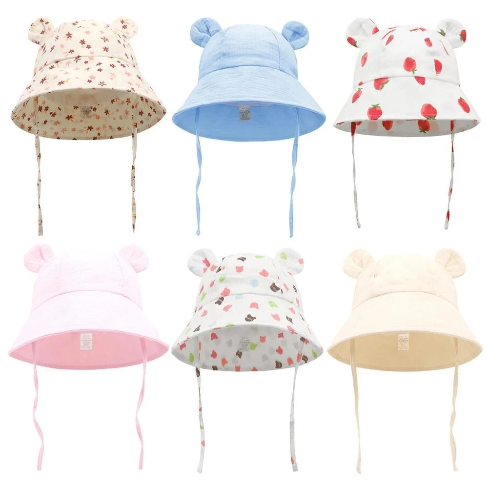 Muslin Baby Sun Hat Cartoon Print Kids Cap for Girls Boys 100% Cotton Toddler Su