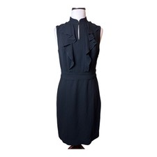 Tori Burch Dress Size 8 Midi Pencil Black Keyhole Jabot Sleeves Ruffles Elegant 