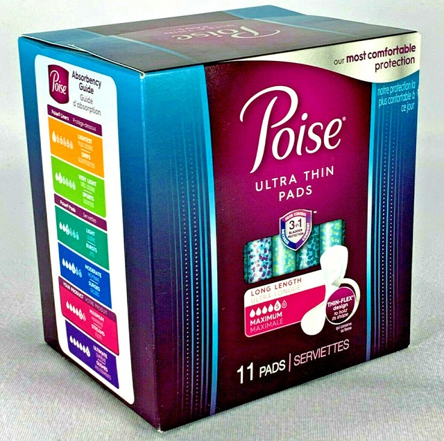 Poise Ultrathin Pads Long Length Level 5 MAXIMUM Absorbency X11 for