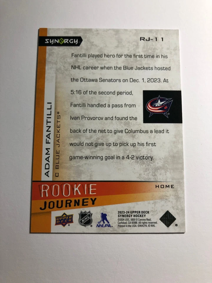 2023-24 Upper Deck Synergy Adam Fantilli RJ-11 Rookie Journey Home 387/399 RC - Image 2 of 2