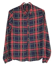 Women's Depri Red Green Blue Cream Plaid Gold Buttons Collared Long Sleeve Sz M 
