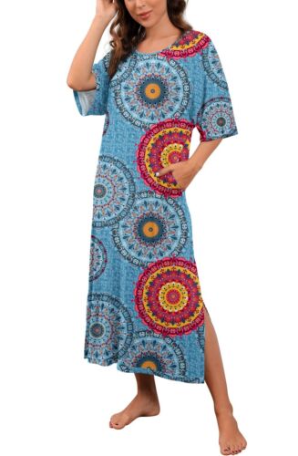 Womens Long Nightgown Round Neck Nightshirts Short Sleeve Loose Loungewear Ca...