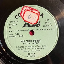 COLUMBIA 38252 PROMO Dinah Shore 78rpm Mad About the Boy/Just One of Those Thing