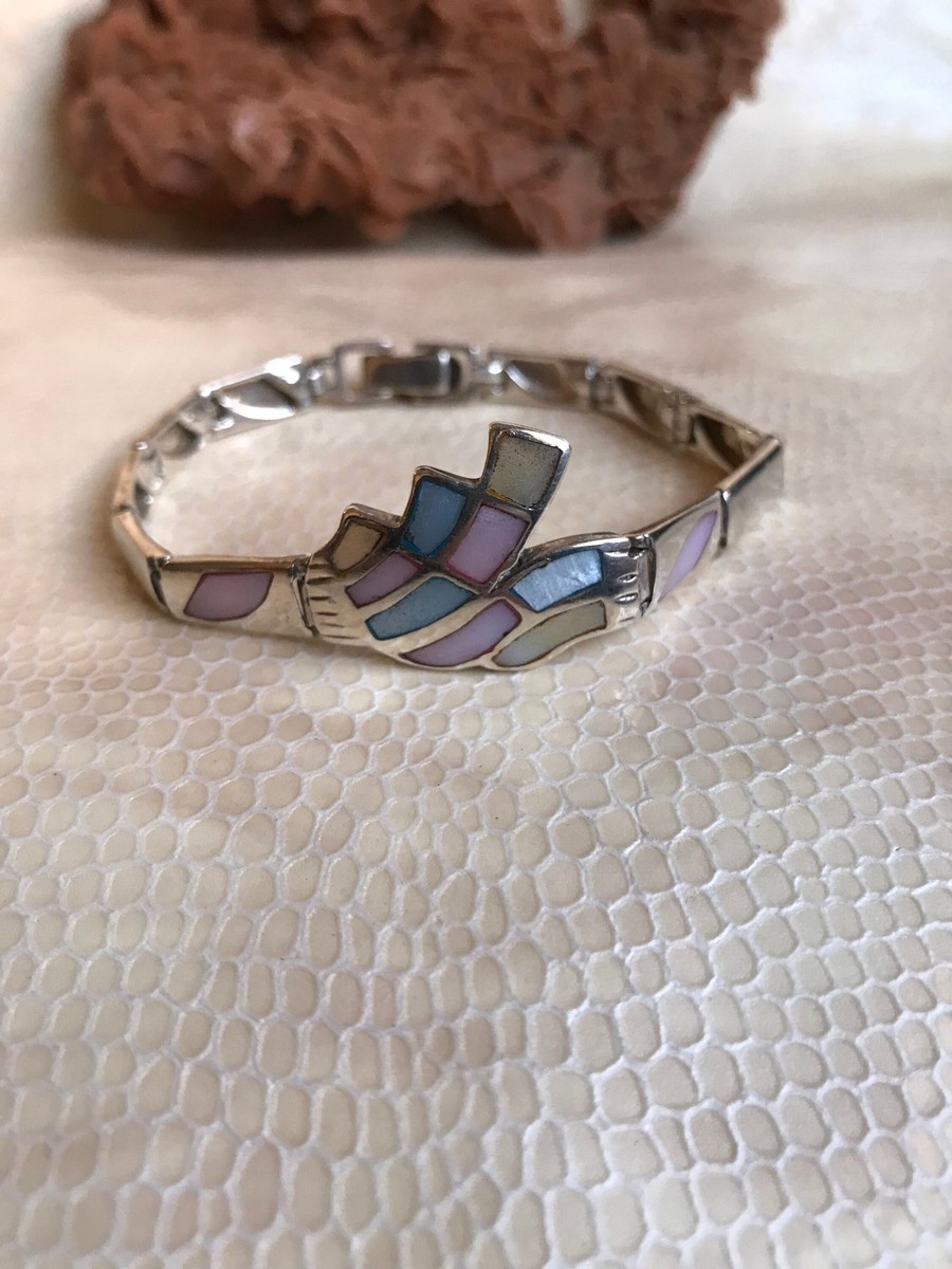 Bracelet Vintage Souple Argent & Nacre Abalone - Bijou Rare Patiné - 5848