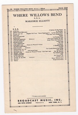 Vintage Sheet Music WHERE WILLOWS BEND by Marjorie Elliott 1947