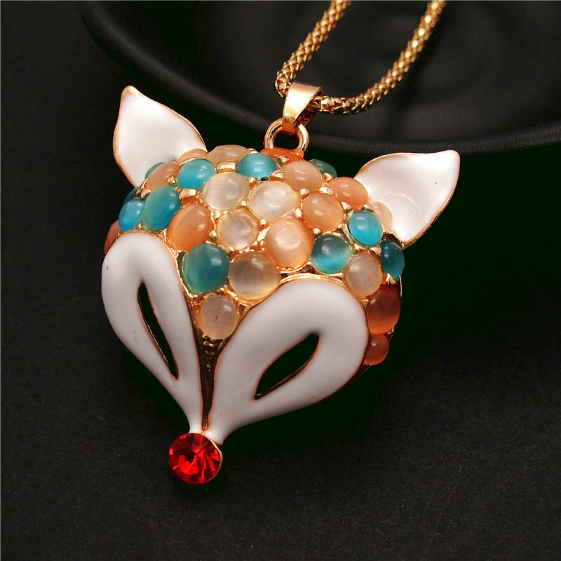 Fashion Women Crystal Multicolor Cat Eye Enamel Fox Pendant Chain