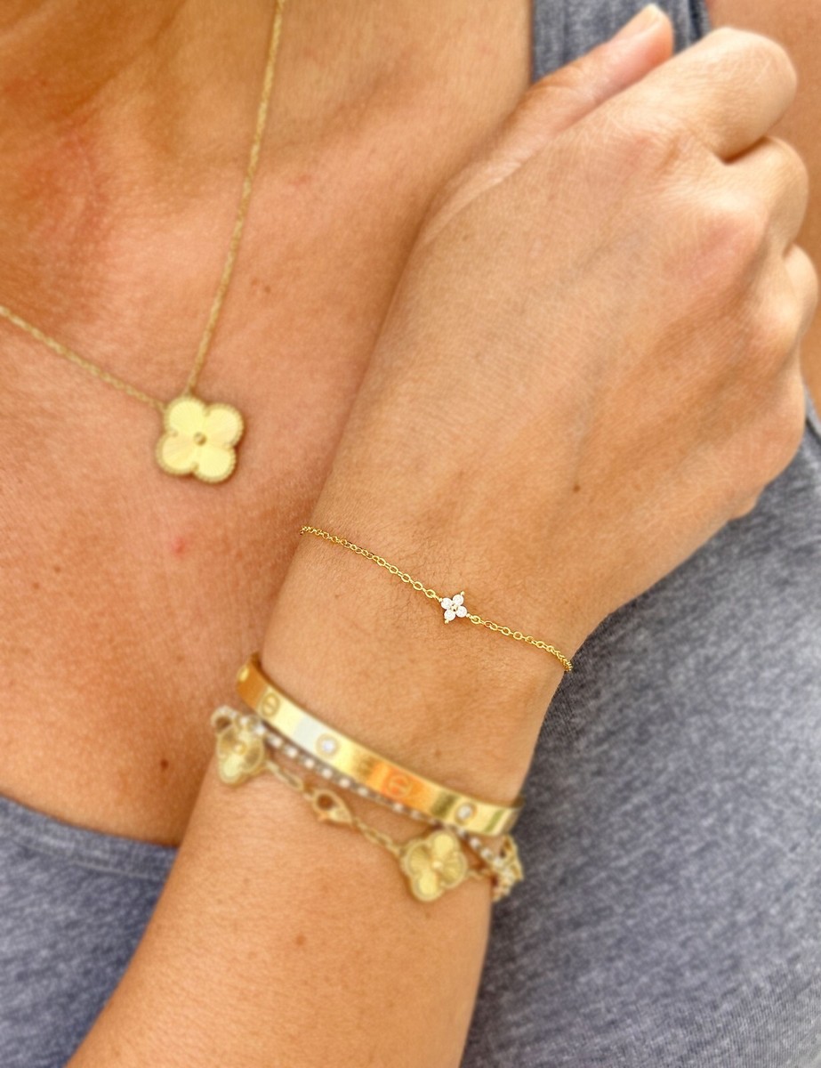 14K Solid Yellow Gold Bracelet Simulated Diamond Bracelet