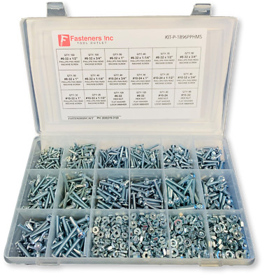 1896 PCS Phillips Pan Head Machine Screw Assortment w/ Nuts Flats & Lock Washers