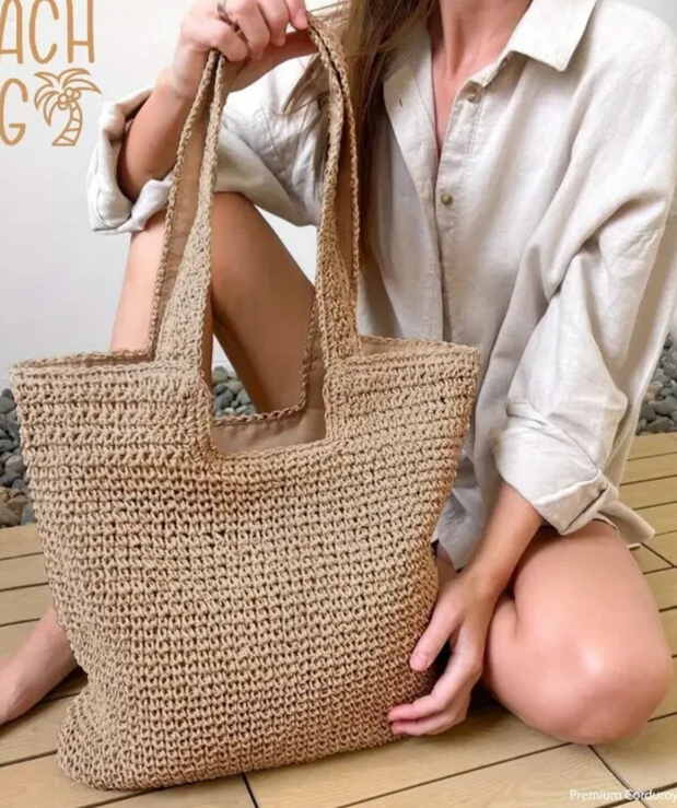 Straw Like Lined Summer Shoulder Bag Tote Khaki Zip Closure SALE HELPS DOGS CATS