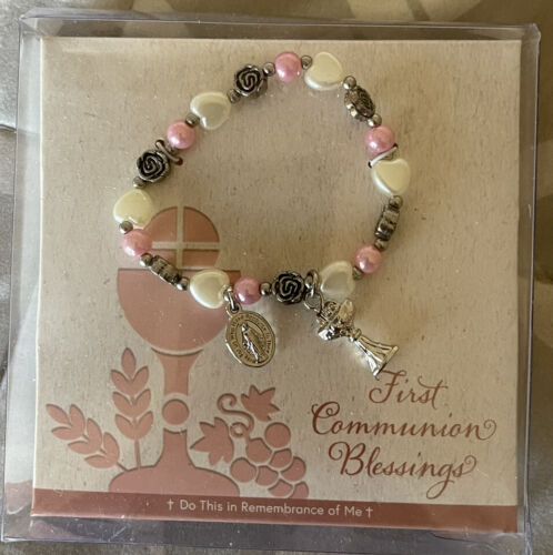 NEW FIRST COMMUNION Girls Bracelet Heart White Pink Catholic Christian Gift NEW