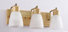 3-Light Bathroom Vanity Wall Fixture. Nordic Style. Real Wood Frosted Glass Gold