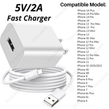 For iPhone 6 7 8 X XR XS 11 12 13 14 USB Wall Charger Block Fast Charging Cable