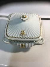 Porcelain Serving Covered Dish With Bull Crest Un Dieu Un  Roy, Gold Highlight#2